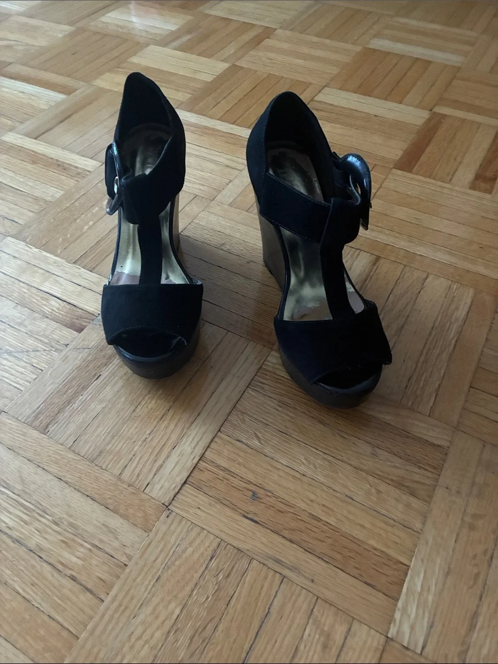 Black Suede Platform Wedge Heels with Ankle Buckle